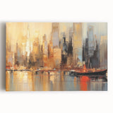 Vibrant abstract landscape wall art collection on stretched canvas, showcasing colorful hues of blue, orange, and green for modern decor.