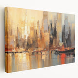 Abstract landscape wall art collection showcasing vibrant colors and fluid shapes, presented as stretched canvas with a sleek side view, perfect for modern decor.