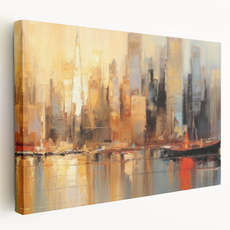 Abstract landscape wall art collection showcasing vibrant colors and fluid shapes, presented as stretched canvas with a sleek side view, perfect for modern decor.