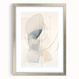 Abstract minimalist wall art framed in silver with a mat, showcasing geometric shapes and soft colors, perfect for modern home decor.