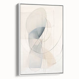 Framed canvas artwork showcasing an abstract minimalist design in a modern setting, featuring soft white tones and sleek lines, perfect for contemporary home decor.