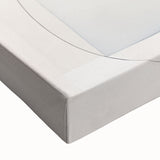 Close-up view of an abstract minimalist design stretched canvas wall art, showcasing a blend of soft beige and gray tones, ideal for modern home decor.