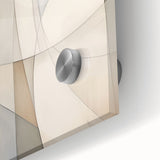 Close-up of an abstract minimalist wall art piece showcasing a geometric design in soft pastel colors, displayed on acrylic glass, emphasizing modern decor aesthetics.