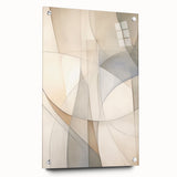 Abstract minimalist wall art featuring a collection of geometric designs in soft colors, displayed in a side view with acrylic glass and pinned for a modern aesthetic.