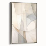 Framed abstract minimalist wall art design in a silver frame, showcasing geometric shapes and soft color gradients, ideal for modern home decor.
