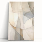 Abstract minimalist design wall art featuring bold geometric shapes in soft pastel colors, displayed on a stretched canvas and leaning against a neutral wall. Perfect for modern decor.