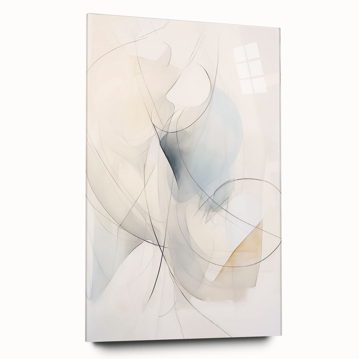 Abstract minimalist wall art design featuring a sleek acrylic glass frame, showcasing a contemporary aesthetic with soft color gradients and elegant lines. Ideal for modern interiors, this piece adds a touch of sophistication to any space.