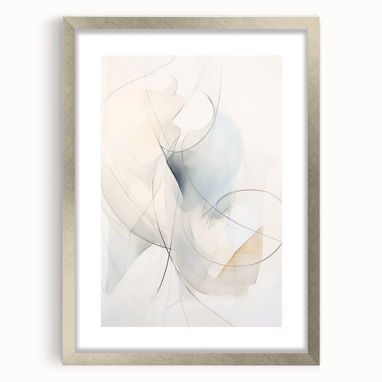 Abstract minimalist wall art design featuring a silver-framed piece with a mat, showcasing soft geometric shapes in muted tones, perfect for modern decor.
