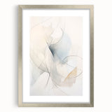Abstract minimalist wall art design featuring a silver-framed piece with a mat, showcasing soft geometric shapes in muted tones, perfect for modern decor.