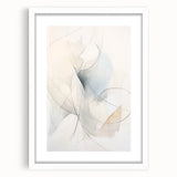 Elegant abstract minimalist wall art design framed in white, showcasing soft geometric shapes with a vibrant color palette, perfect for modern decor.