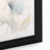 Close-up of a framed abstract minimalist wall art piece featuring soft pastel colors and geometric shapes, ideal for modern home decor enhancement.