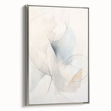 Framed abstract minimalist wall art featuring a sleek silver border, showcasing geometric shapes in soft tones, enhancing modern interior decor aesthetics.