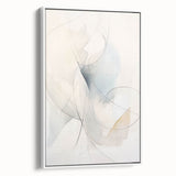 Framed minimalist wall art showcasing an abstract design in soothing white tones, presented from a side view to highlight its sleek profile and texture.