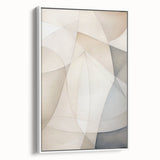 Framed canvas wall art showcasing an abstract minimalist design in shades of white and gray, displayed from a side angle to highlight its sleek profile and texture. Ideal for modern decor enthusiasts seeking elegant, contemporary artwork.