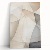 Abstract minimalist wall art collection featuring a large, stretched canvas design with soft pastel colors and geometric shapes, leaning against a neutral wall. Ideal for modern home decor.