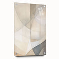 Abstract minimalist wall art piece displayed in a sleek acrylic frame, showcasing geometric patterns in muted tones, ideal for modern decor.