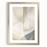 Abstract minimalist wall art design in a silver frame with a mat, showcasing geometric shapes and soft colors, perfect for modern home decor.