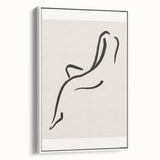 Framed minimalist wall art featuring an abstract design in soft neutral tones, showcasing a white frame and a side view, ideal for modern decor.