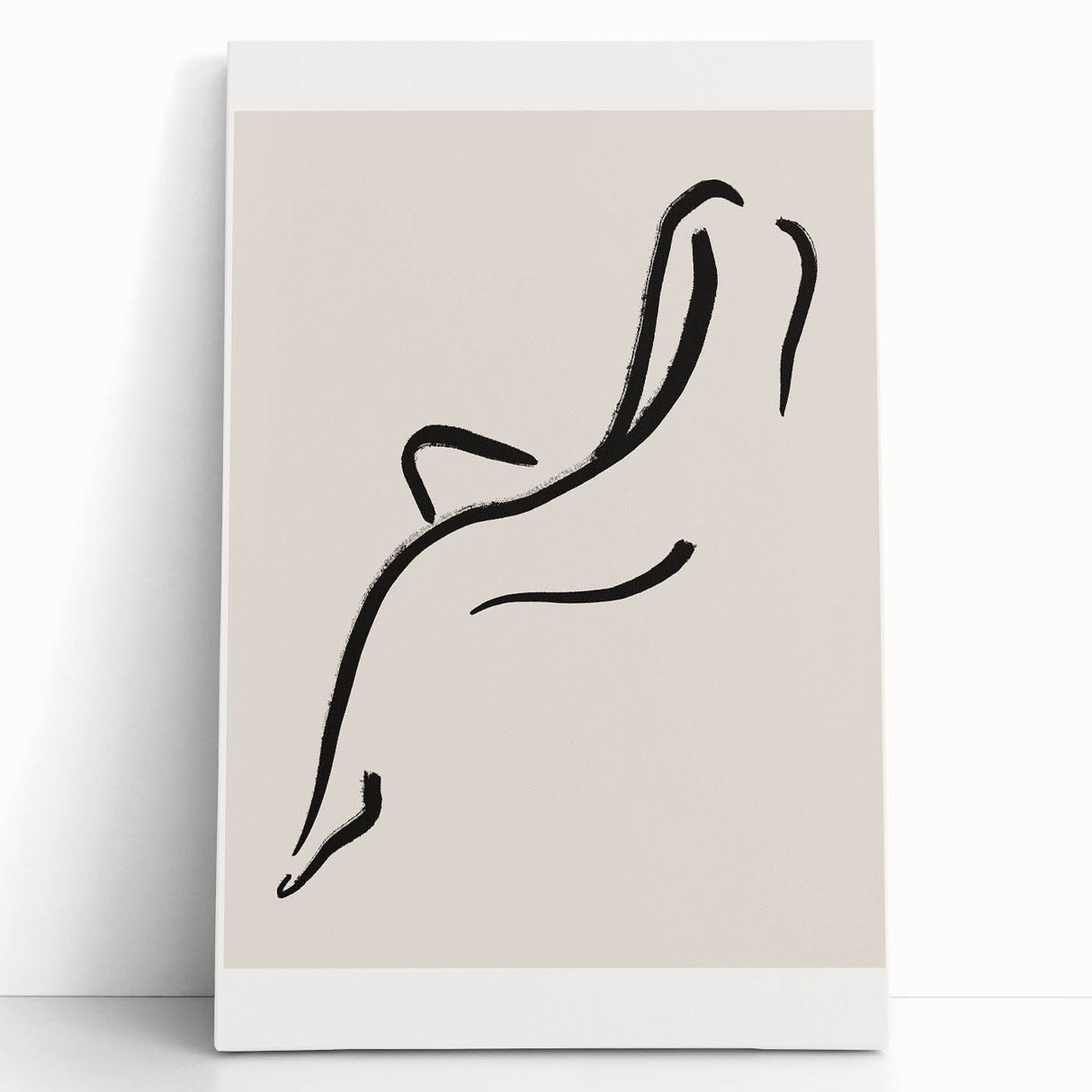Abstract minimalist wall art design featuring soft beige and muted earth tones on stretched canvas, leaning against a light-colored wall, ideal for modern decor.