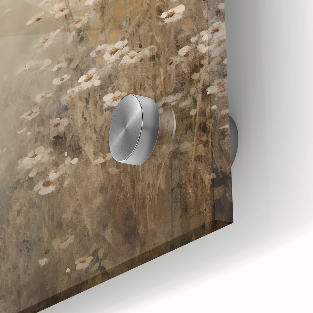 Close-up of an abstract minimalist wall art piece featuring a blend of soft pastel colors and geometric shapes, displayed in an elegant acrylic glass frame, ideal for modern decor.
