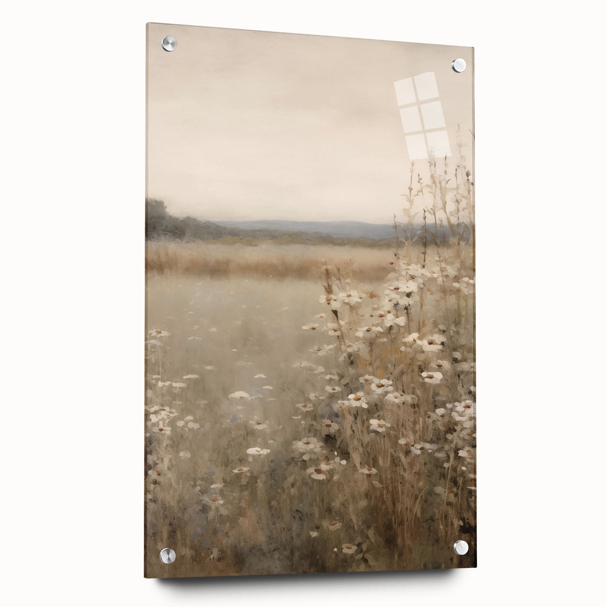 Abstract minimalist wall art design displayed in a side view, featuring a sleek acrylic glass frame secured with decorative pins, showcasing modern aesthetics and vibrant colors against a neutral background.