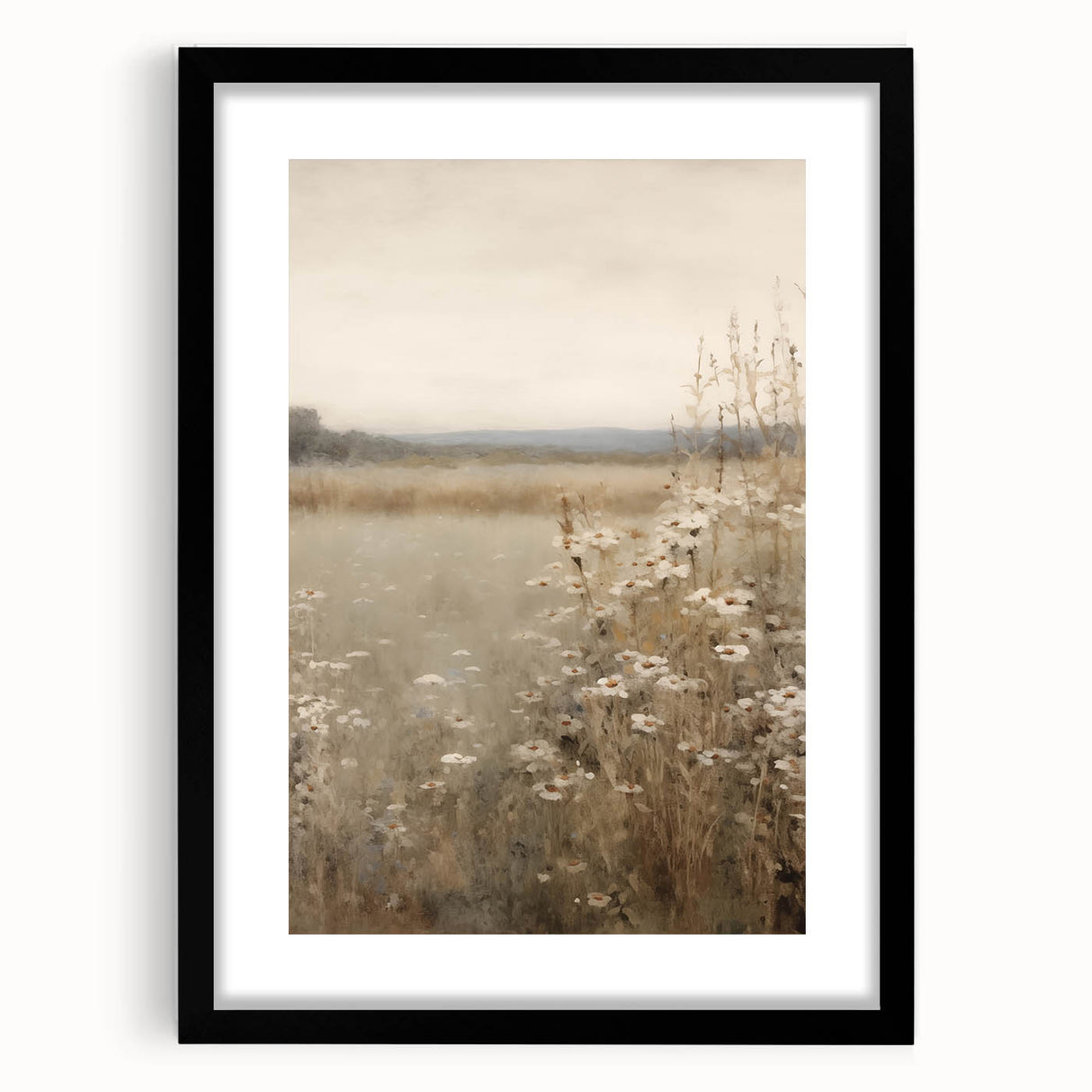 Minimalist black-framed wall art featuring an abstract design with soft muted colors, perfect for modern home decor. Ideal for living rooms or offices.