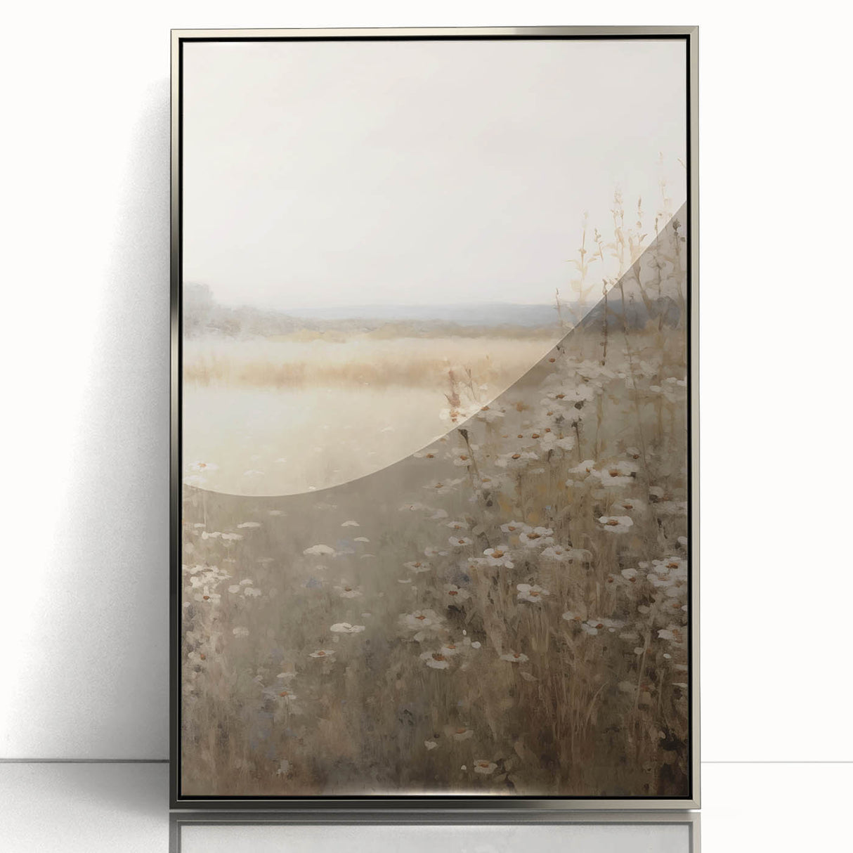 Framed wall art featuring an abstract minimalist design with silver accents, showcasing a modern aesthetic suitable for contemporary home decor. The piece is displayed from a front view, highlighting its sleek lines and sophisticated look.