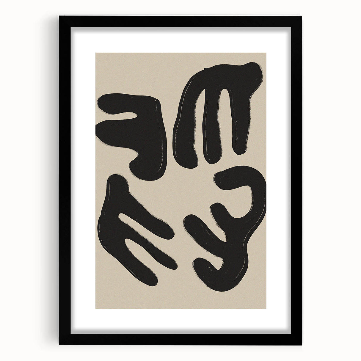 Framed abstract minimalist wall art showcasing a geometric design in muted colors, featuring a sleek black frame and mat, perfect for modern decor.
