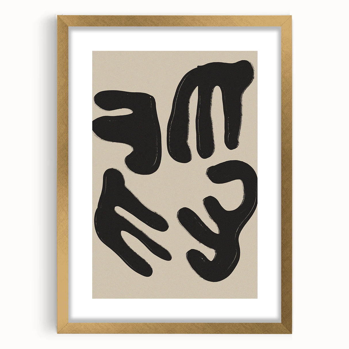 Abstract minimalist wall art print showcasing a gold-framed design with a mat, emphasizing elegant geometric shapes and soft colors, ideal for modern decor.
