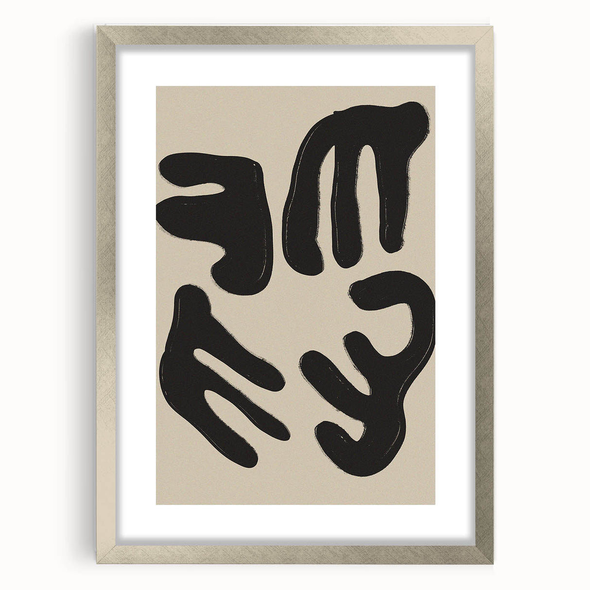 Framed abstract minimalist wall art design showcasing soft pastel colors and geometric shapes, presented in a sleek silver frame with matting.