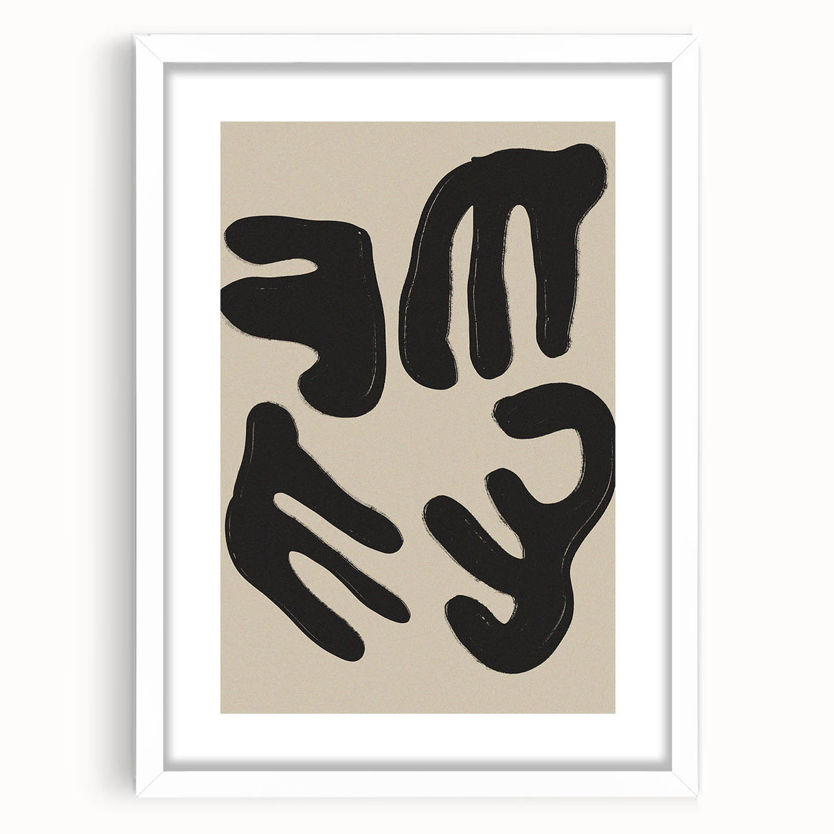 Abstract minimalist wall art design featuring a sleek white frame and mat, showcasing modern geometric patterns and subtle color tones. Ideal for contemporary home decor.