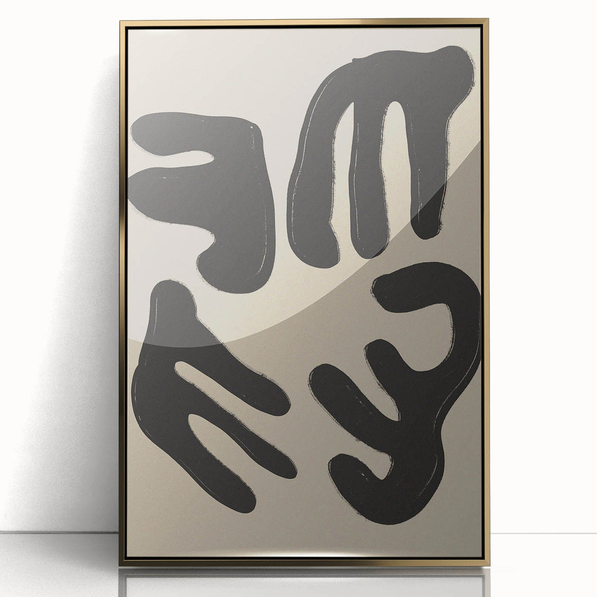 Framed abstract minimalist wall art featuring a gold acrylic design, showcasing sleek lines and elegant shapes on a neutral background.