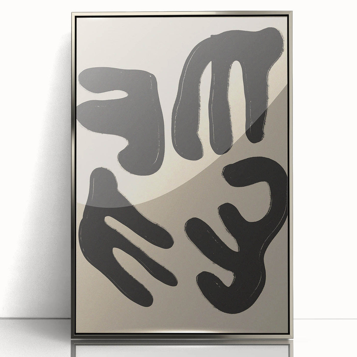 Framed abstract minimalist wall art in silver acrylic, showcasing fluid geometric shapes and a sleek modern design, perfect for contemporary decor.