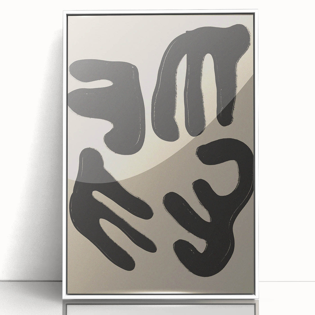 Framed minimalist wall art featuring an abstract design with soft colors, showcasing fluid shapes and a white acrylic frame for modern decor.