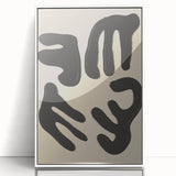 Framed minimalist wall art featuring an abstract design with soft colors, showcasing fluid shapes and a white acrylic frame for modern decor.