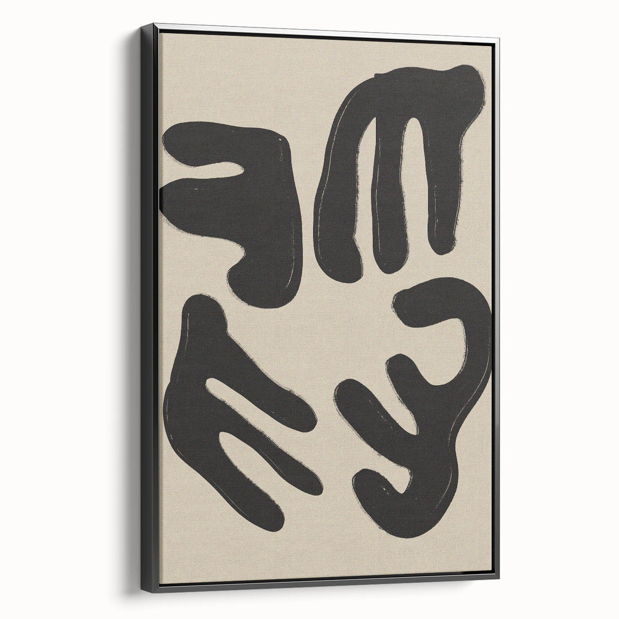 Framed abstract minimalist wall art design showcasing a black and white geometric pattern, elegantly displayed from a side view, perfect for modern decor.