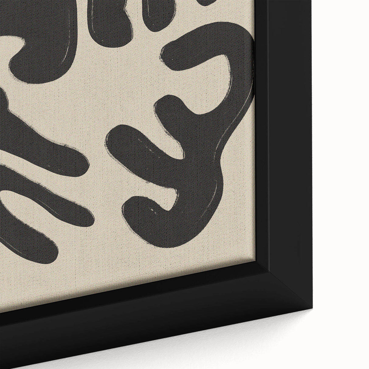 Close-up of a framed abstract minimalist wall art design featuring fluid shapes in soft pastel colors, highlighting texture and detail.