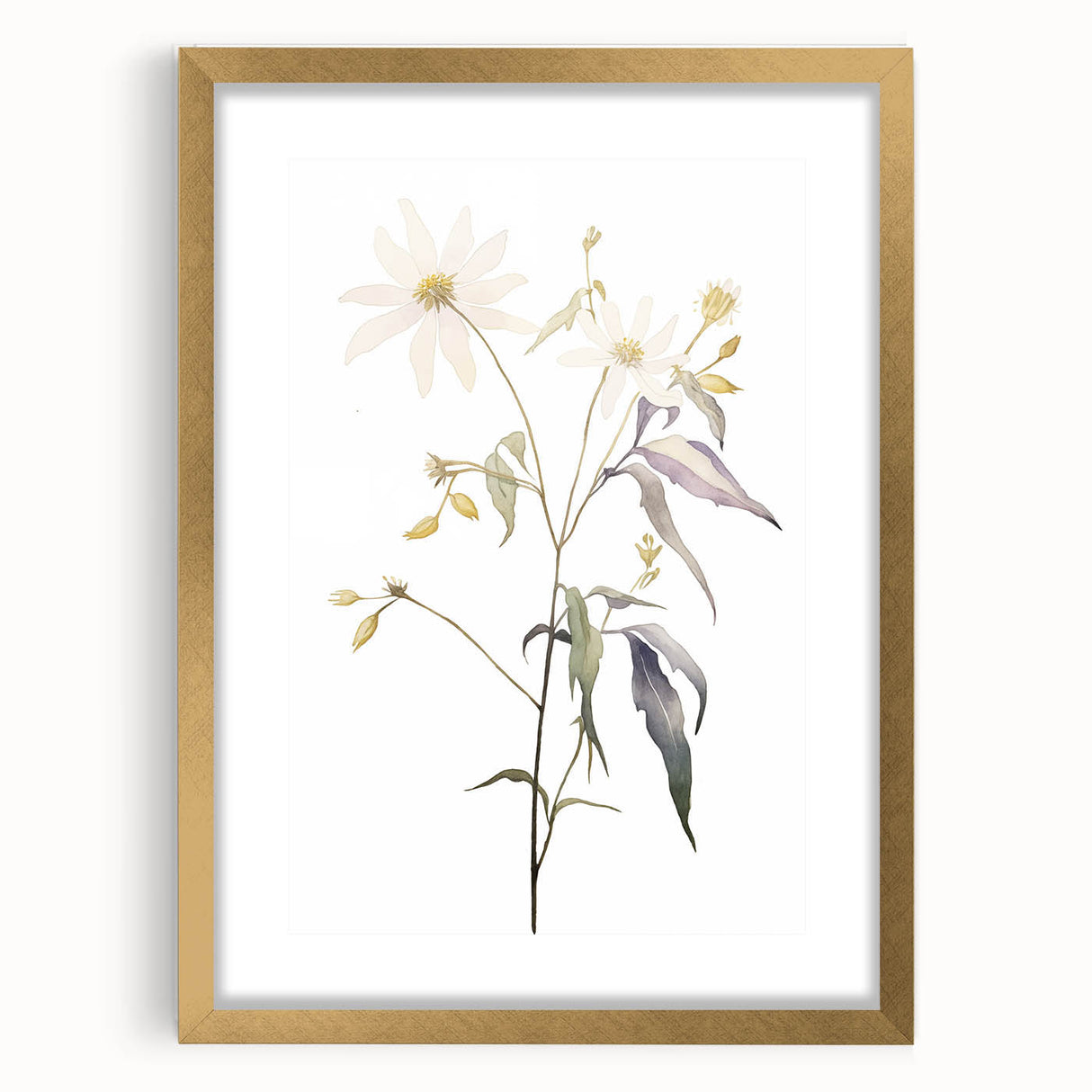 Abstract minimalist design wall art in a gold frame with a mat, showcasing soft colors and geometric shapes, perfect for modern home decor.
