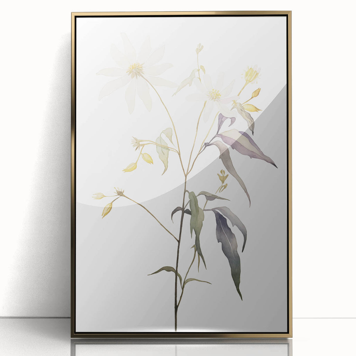 Framed acrylic wall art featuring a minimalist gold abstract design, ideal for modern interiors, showcasing elegant lines and a striking composition.