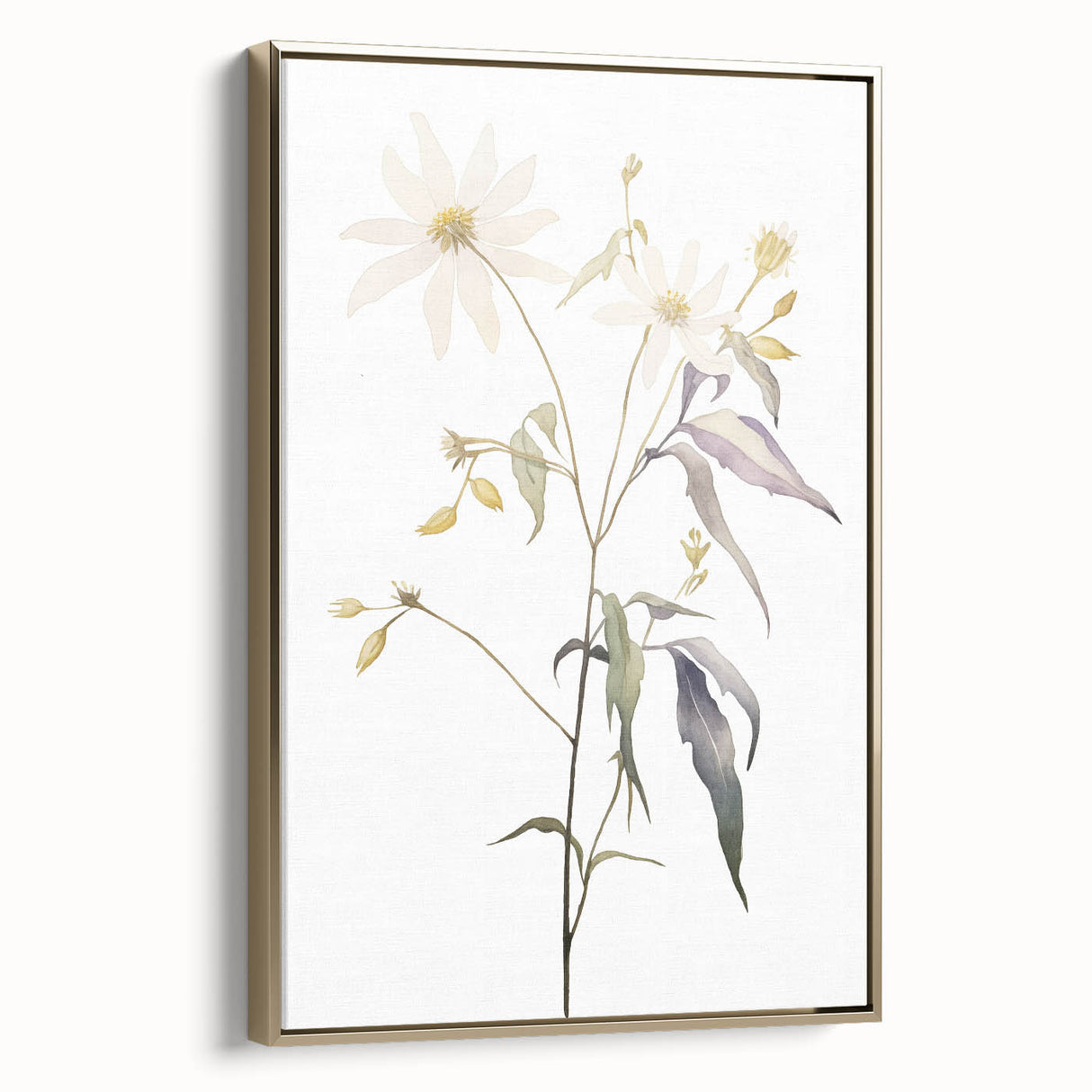 Framed canvas wall art featuring an abstract minimalist design with gold accents, showcasing a sleek side view against a neutral background, ideal for modern decor.