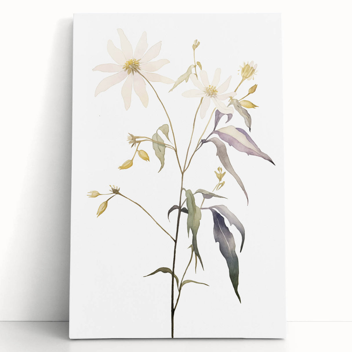 Abstract minimalist wall art design showcasing a subtle blend of soft pastel colors on a stretched canvas, leaning against a light-colored wall, ideal for modern decor.