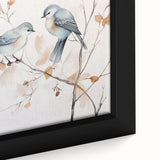 Abstract minimalist wall art design featuring soft pastel colors and geometric shapes, framed in an elegant black frame, displayed against a neutral background.