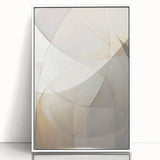 Framed acrylic wall art featuring an abstract minimalist design with soft white hues and geometric shapes, perfect for modern home decor and artistic expression.