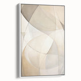 Framed abstract minimalist wall art in a sleek white frame, showcasing soft pastel colors and geometric shapes, perfect for modern home decor.