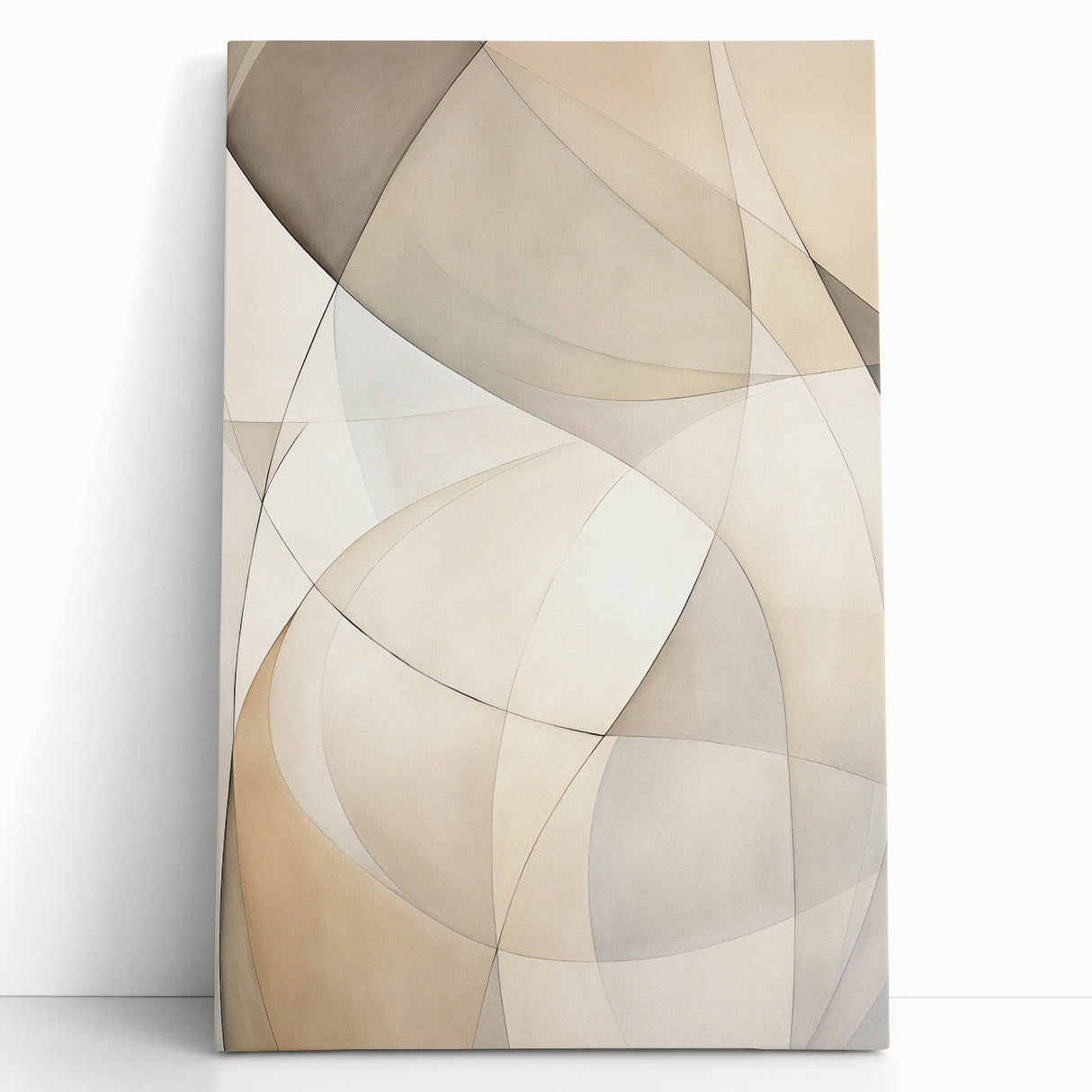 Abstract minimalist wall art featuring a vibrant color palette of teal, gold, and white, displayed on a stretched canvas. The piece leans against a neutral wall, enhancing modern decor aesthetics. Perfect for contemporary interior design enthusiasts seeking unique, eye-catching artwork.