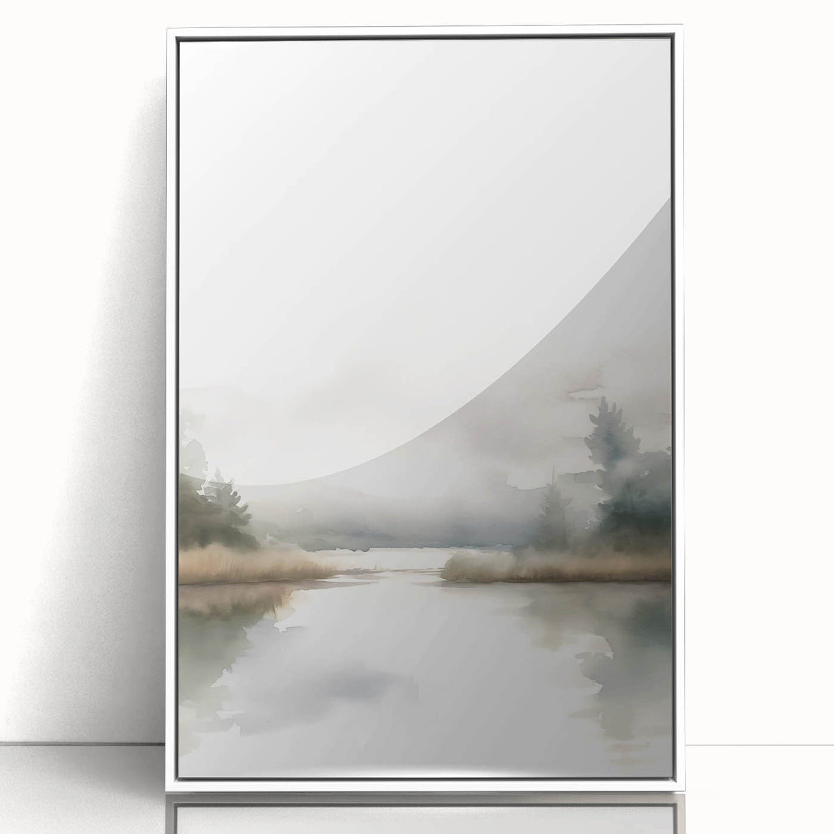 Framed wall art featuring an abstract minimalist design with soft pastel colors and geometric shapes, displayed against a white background, ideal for modern decor.