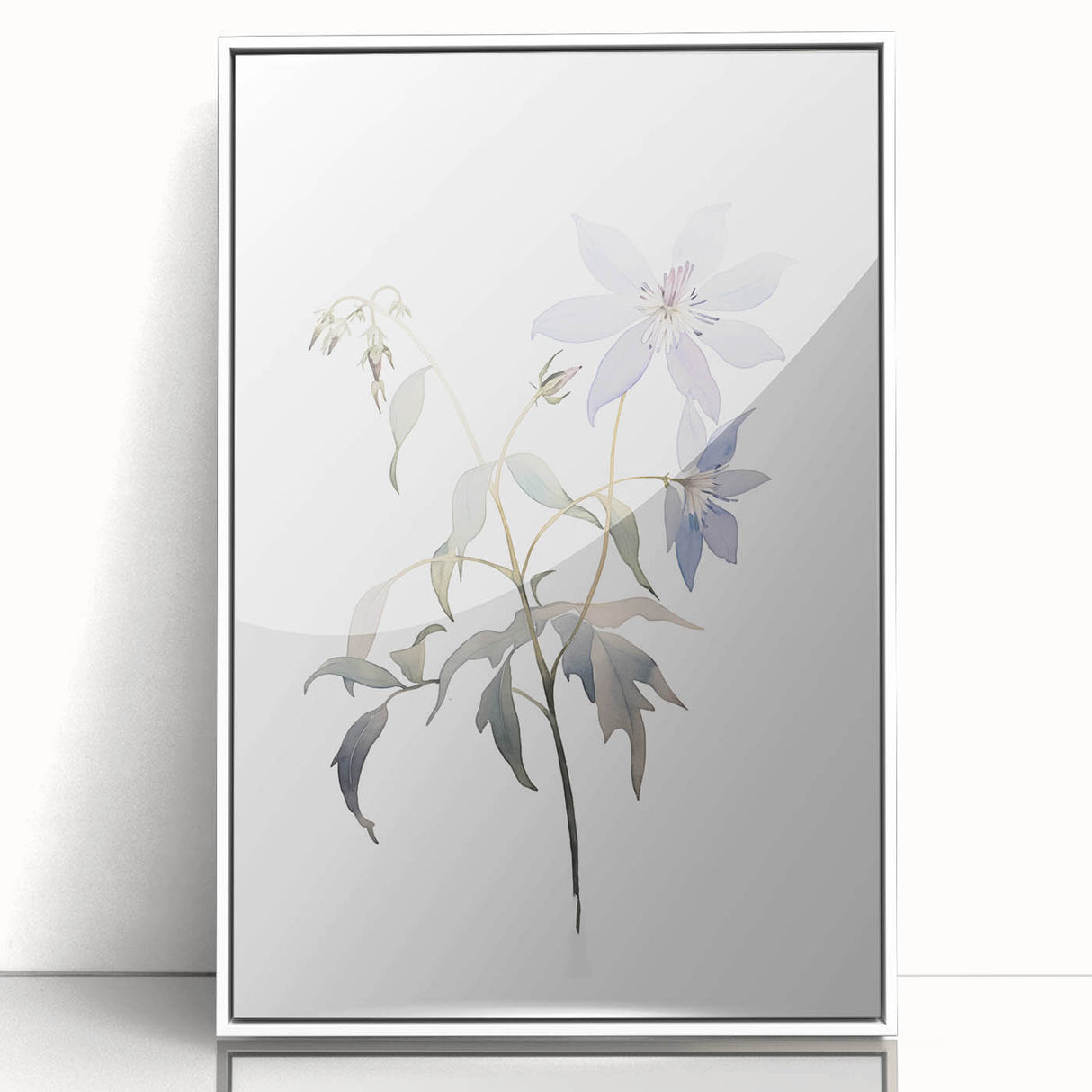 Framed wall art featuring an abstract minimalist design with soft pastel colors, perfect for modern decor, showcasing a sleek white frame from the front view.