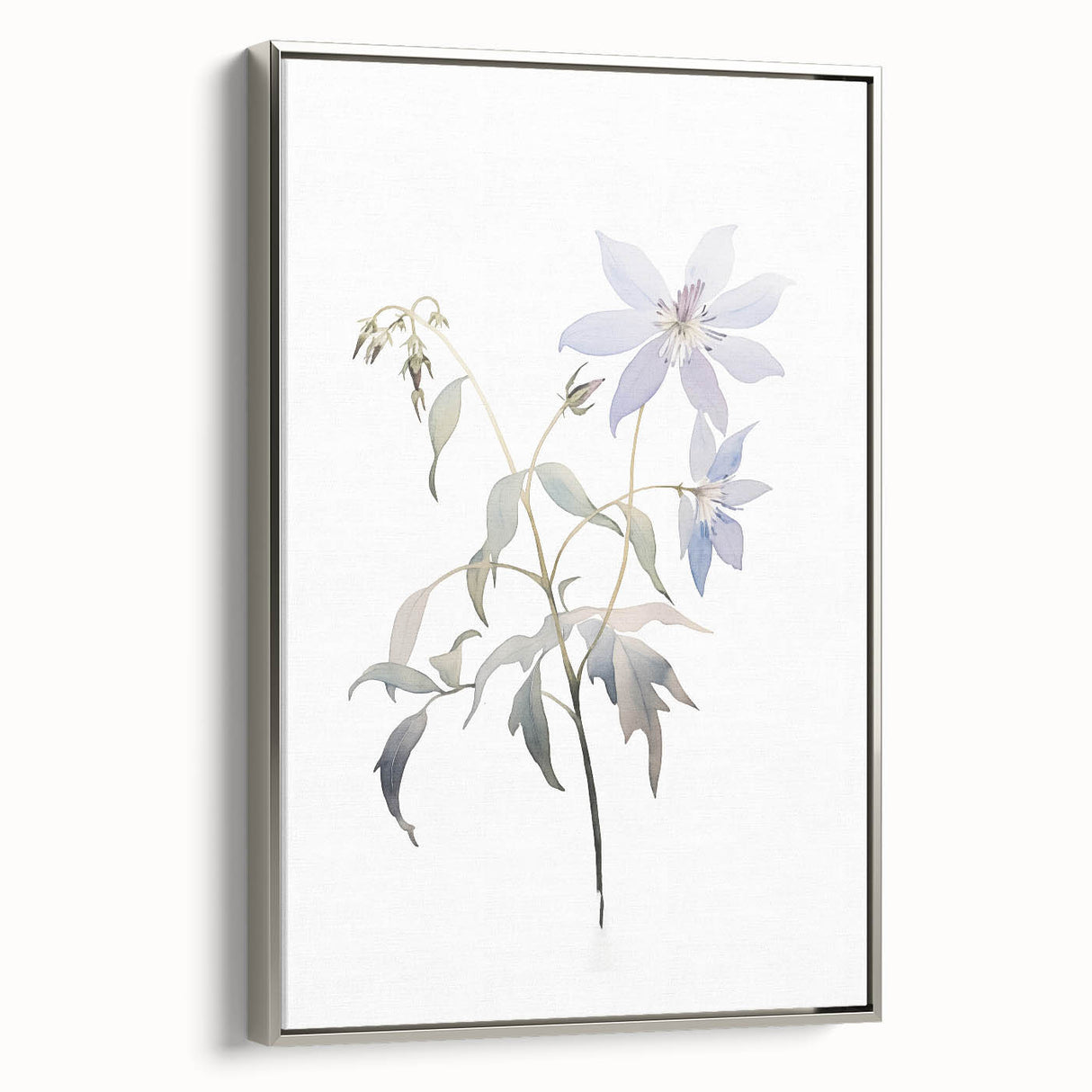 Framed minimalist wall art featuring an abstract design in soft tones, showcasing a sleek silver frame and elegantly displayed from the side, ideal for modern decor.
