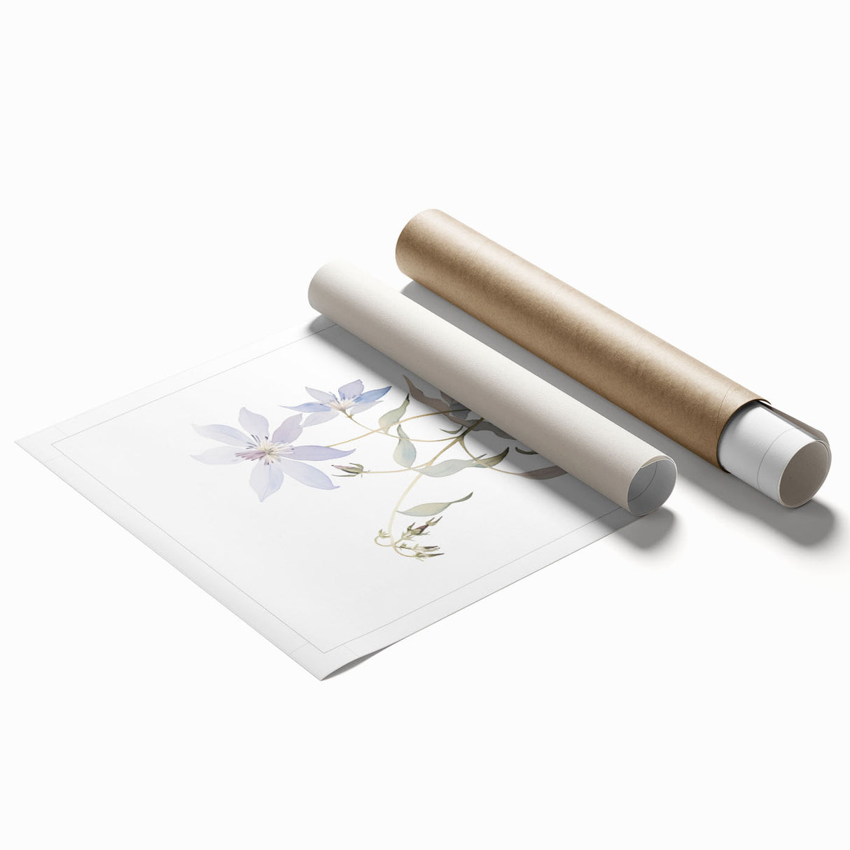 Abstract minimalist wall art print showcasing vibrant geometric shapes in shades of blue and gold, rolled and ready for framing in a protective cardboard tube.