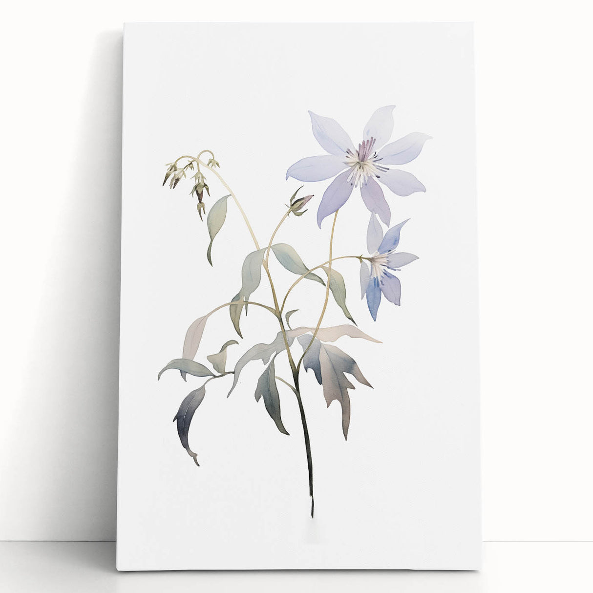 Abstract minimalist design wall art collection featuring stretched canvas with soft pastel colors, elegantly leaning against a light-colored wall, perfect for modern decor.